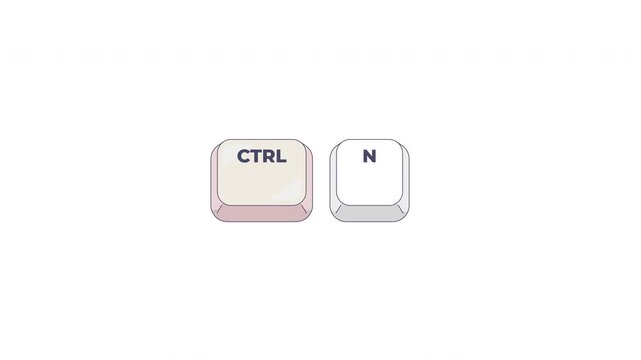 Ctrl N letter keyboard shortcut keys animation. Create new document. System command creation. Project start. Animated hotkey combo buttons click for pc, laptop. 4K video. Computer press action