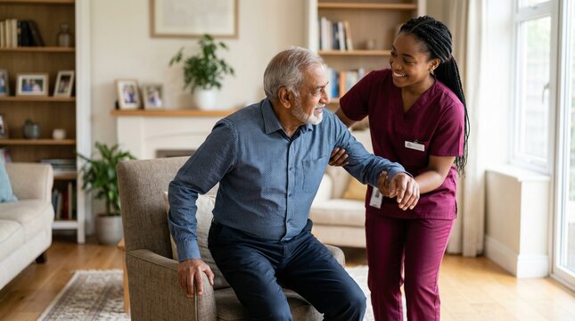 Smiling African American Caregiver Helps Senior Man in Comfortable Home Setting.