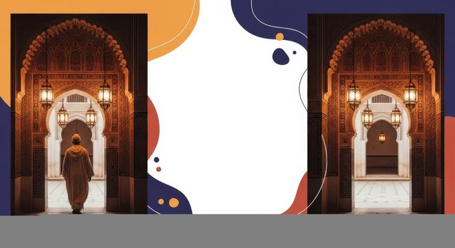 Man in traditional djellaba walks through ornate Moroccan archway with lanterns.