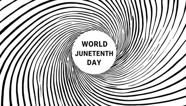 A graphic illustration celebrating World Juneteenth Day with a black and white swirling design