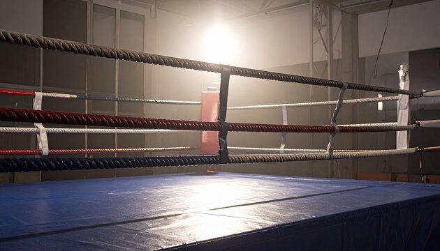 Interior shot of an empty boxing ring with blue canvas illuminated by bright overhead light ready for a match or training session
