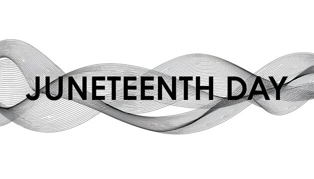 A graphic design celebrating Juneteenth Day with a black and white ribbon pattern