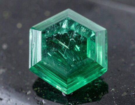 Close-up of a Hexagonal Emerald Crystal on a Dark Reflective Surface.