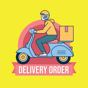 Vector Illustration Delivery Scooter with Courier and Package, Delivery Order Banner