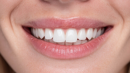 Close-up of a bright, healthy smile. Perfectly aligned, white teeth gleam with joy. Soft pink lips frame a radiant grin. Natural skin tone enhances the cheerful expression. Ideal for beauty, health