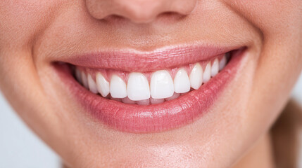 Bright white teeth gleam in a radiant smile. Luscious lips frame a joyful, inviting expression. Skin appears smooth and healthy under soft lighting. Perfect teeth reflect confidence and positivity