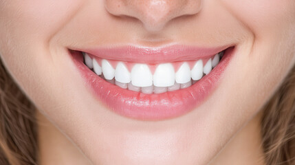Perfect smile shines with natural beauty and confidence. Bright teeth gleam against soft, rosy lips. Warm glow suggests joy and approachability. Ideal for health, beauty, or personal care branding
