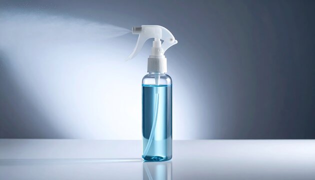 Spray bottle dispensing sanitizing liquid; hygiene product against bacteria virus infection on blue gradient background