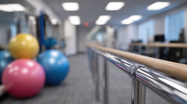 Medium shot showing a small clinics compact rehab area featuring focus on a set of parallel bars with blurred exercise balls and equipment around.