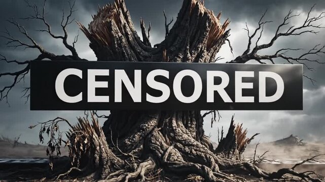 Censored Label Over A Dead Tree Trunk Symbolizing Information Control And Loss Of Freedom In A Desolate Landscape During A Stormy Weather Event