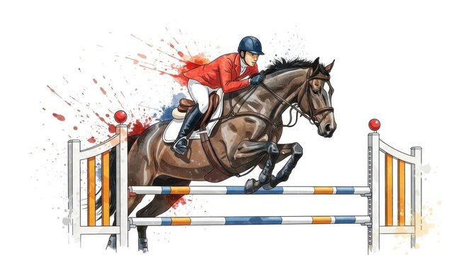 A jockey in a red jacket and black helmet riding a brown horse over a jumping obstacle in a competition.