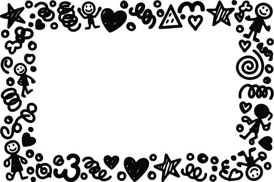 Doodle style frame with hand drawn sketches of hearts stars and stick figures on transparent background.