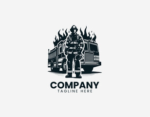 Fototapeta premium A firefighter is illustrated standing in front of a fire truck with flames in a clean modern black vector logo illustration style on a white background