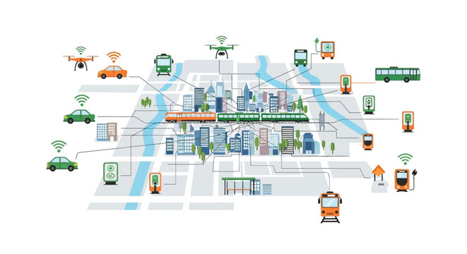 Smart City interconnected network showcasing modern urban mobility and advanced transportation infrastructure with sustainable energy solutions
