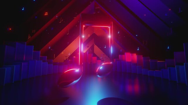 4K seamless VJ loop with glowing music note and audio equalizer for VJ sets, electronic music festivals, karaoke bars, stage screens and LED video walls