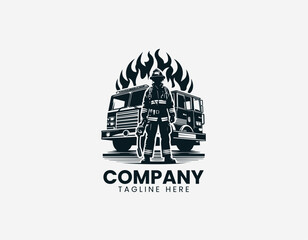 Naklejka premium A firefighter is illustrated standing in front of a fire truck with flames in a clean modern black vector logo illustration style on a white background