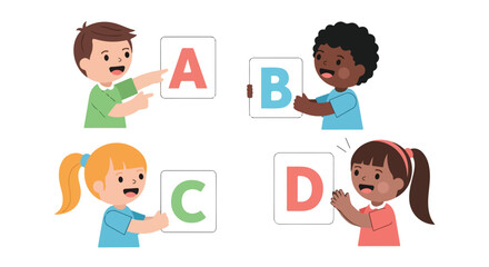 Obraz premium Four diverse and happy children are learning the alphabet by holding and pointing at cards with the letters A, B, C, and D.