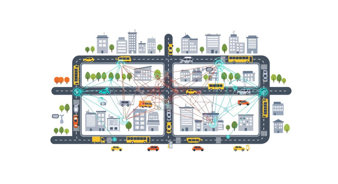 Dynamic Smart City Ecosystem Illustrating Integrated Urban Infrastructure, Digital Connectivity, and Intelligent Transportation Systems for Modern Living and Efficient Data Flow Management