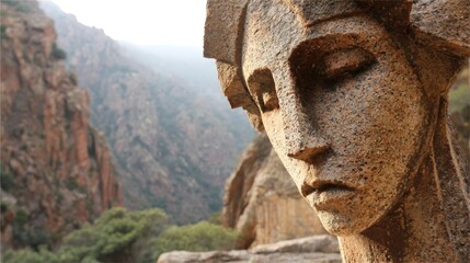 Fototapeta premium Rough hewn granite sculpture head with chiseled edges stands against a majestic mountain landscape
