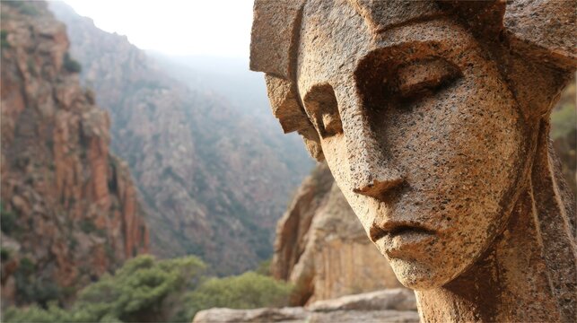 Rough hewn granite sculpture head with chiseled edges stands against a majestic mountain landscape