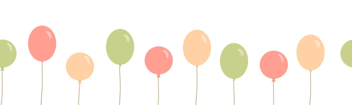 Seamless birthday balloon border with pastel colors. Cute party background perfect for children celebrations, nursery design