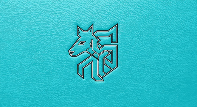Abstract geometric wolf-like creature emblem on textured aqua blue background