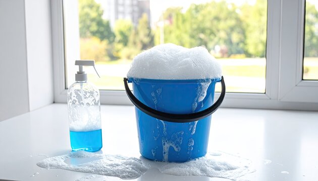 Blue bucket overflowing with soapy foam next to a spray bottle on a white windowsill capturing a cleaning theme for home care and hygiene