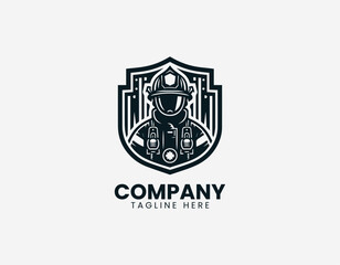 Fototapeta premium A firefighter with protective gear is illustrated in front of a shield emblem in a clean modern black vector logo illustration style on a white background