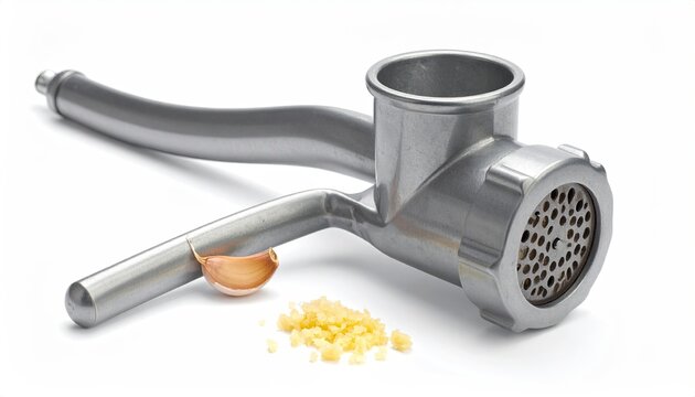 Close-up of manual metal garlic press crushing fresh clove on white backdrop for cooking preparation and culinary projects