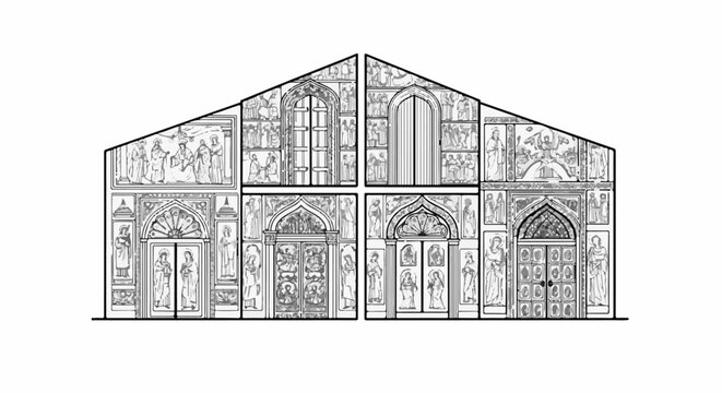 Gothic facade drawing with sculpted panels depicting religious scenes and figures