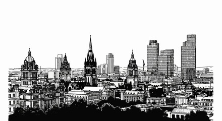 Fototapeta premium A black and white sketch of a dense cityscape featuring diverse architectural styles