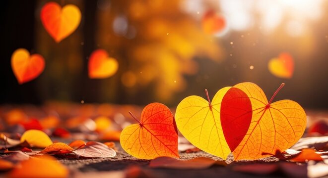 Autumn leaves forming heart shapes on a wooden surface with a blurred background of autumn leaves and sunlight.