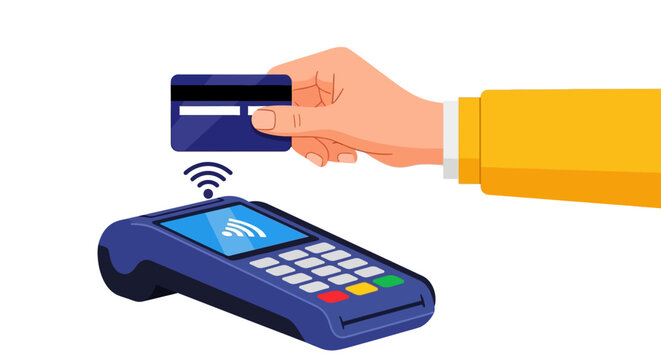 Hand holding a blue credit card near a contactless payment terminal on a white background