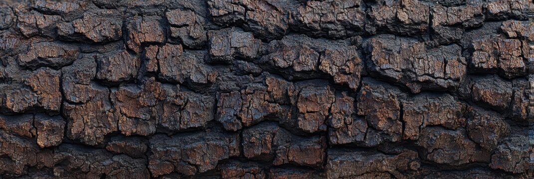 This close-up image captures the intricate and rugged texture of dark cork tree bark, featuring deep fissures and a weathered surface in earthy brown and charcoal tones.