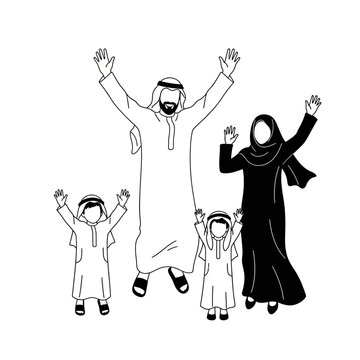 Arab family jumping with joy together.