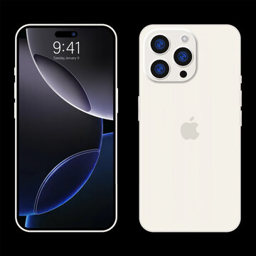 Apple iPhone 16 Pro white smartphone with lock screen and rear cameras isolated on black background. Editorial vector illustration