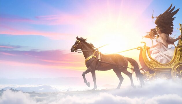 Majestic Horse-Drawn Chariot Soaring Through Ethereal Clouds at Sunset.