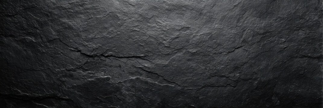 A panoramic view of a textured black slate stone surface with natural cracks and ridges. The matte finish and dramatic lighting create a dark and moody background for design.