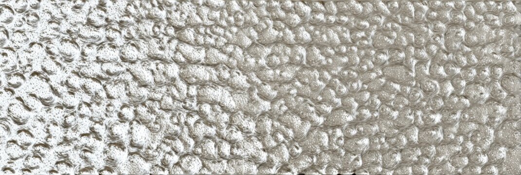 A detailed view of a milky hammered glass texture featuring a bubbly and uneven surface. The silver and white pattern creates a reflective and decorative background for any project.