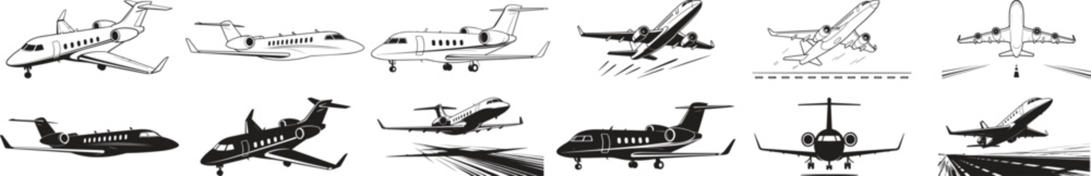 Private Jet & Airplane Icons Set &ndash; 12 Line Icons of Luxury Jets, Commercial Planes & Aviation (Editable Stroke)
