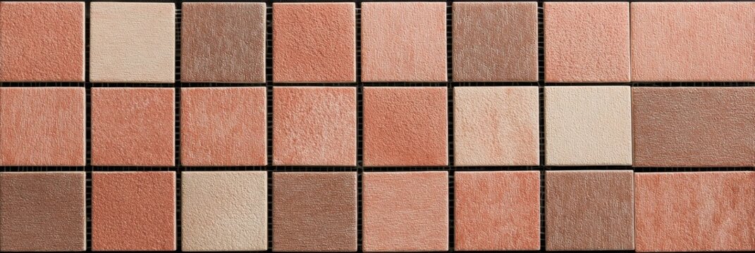 A collection of square terracotta porcelain mosaic tiles in earthy tones of brown and beige. The textured matte finish creates a natural and rustic aesthetic for architectural use.