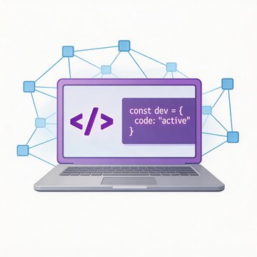 Illustration of a laptop displaying code snippet with network connections, representing software development and tech programming.