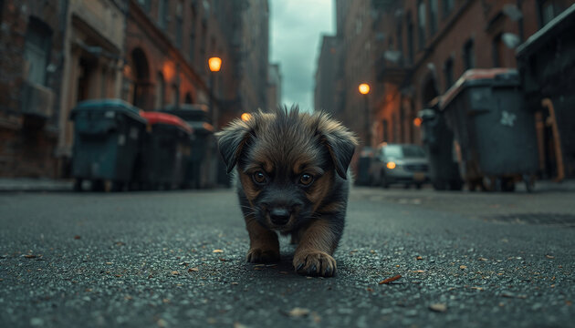 Sad puppy lost big city backstreet desktop wallpaper