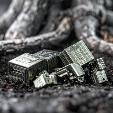 Pyrite Cubes on Dark Soil with Blurred Roots in Background.