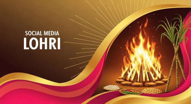 Lohri social media graphic with bonfire and offerings