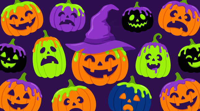 A vibrant collection of cartoon Halloween pumpkins with diverse expressions and colorful dripping paint, featuring a central pumpkin wearing a witch's hat on a purple background.