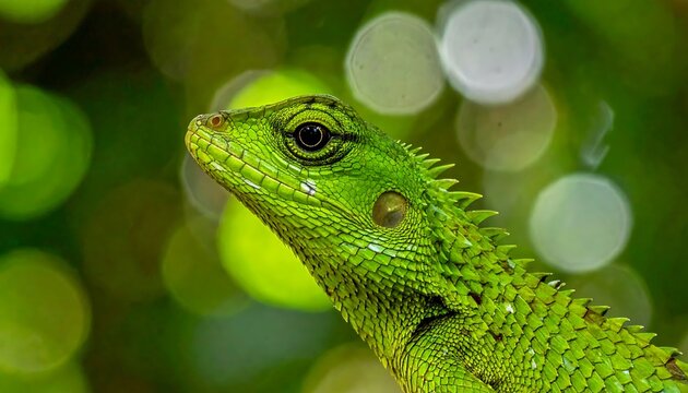 Close-up of a Green Garden Lizard with Bokeh Background.