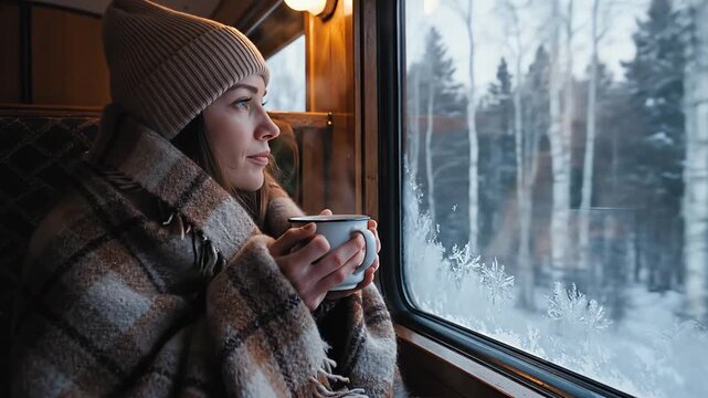 Woman wrapped in a warm blanket holds a cup of hot beverage while looking out a frosty window on a train traveling through a winter forest.