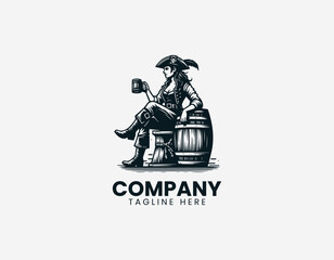 Fototapeta premium Female pirate sitting with barrel and mug representing adventure lifestyle and nautical character theme in clean minimalist black vector illustration style on white background
