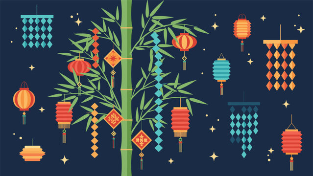 Festive tanabata bamboo tree is decorated with colorful paper lanterns, streamers, and stars against a dark blue night sky background area.